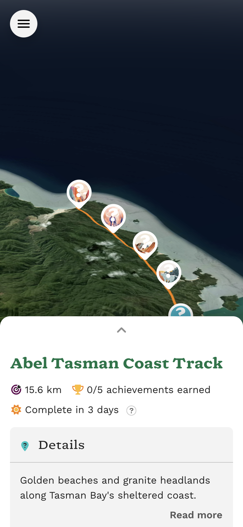 Abel Tasman Coast Track on a phone, with the map filling the screen and a details sheet peeking up from the bottom